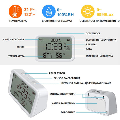 4 В 1 СМАРТ СЕНЗОР ЗА ТЕМПЕРАТУРА, ВЛАЖНОСТ НА ВЪЗДУХА И ОСВЕТЕНОСТ С WIFI /SS016/